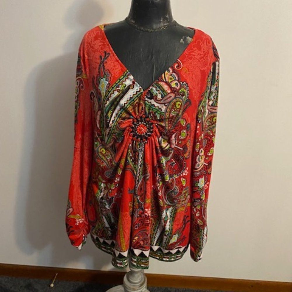 eci York Red Geometric Beaded design long sleeve V-neck tunic, size XXL